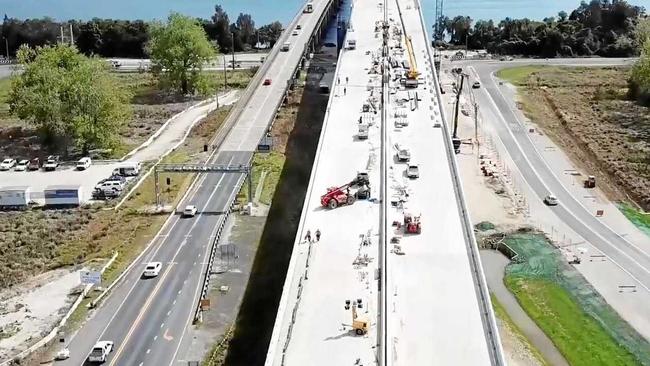 An aerial view of work on the new Harwood Bridge as part of the Pacific Highway upgrade. Picture: Adam Hourigan