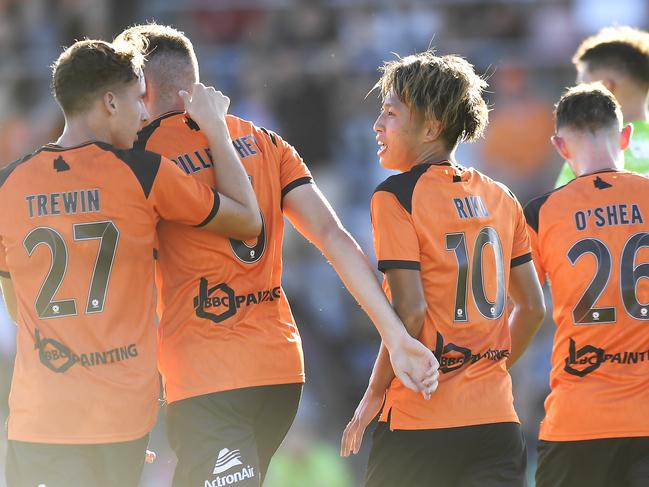 BRISBANE, AUSTRALIA - FEBRUARY 06: Riku Danzaki of the Roar celebrates scoring a goal during the A-League match between the Brisbane Roar and the Melbourne Victory at Dolphin Stadium, on February 06, 2021, in Brisbane, Australia. (Photo by Albert Perez/Getty Images)