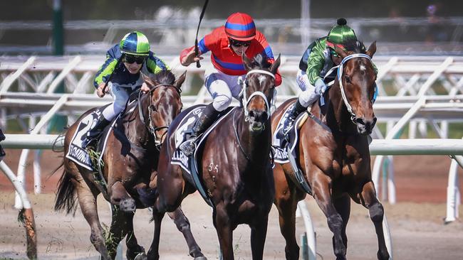 Verry Elleegant (red) sprints past race favourite Incentivise (right) on her way to claiming the Melbourne Cup.