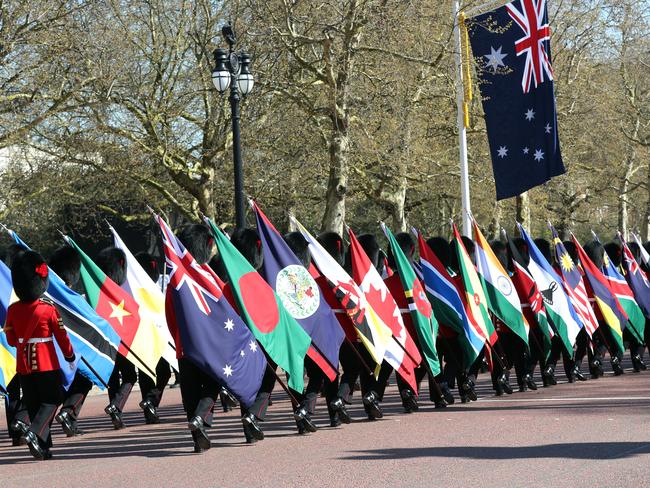 Flags of the 53 Commonwealth countries along The Mall in London are supposed to celebrate Commonwealth countries however many are furious over the treatment of their countrymen. Picture: Gareth Fuller/PA via AP.