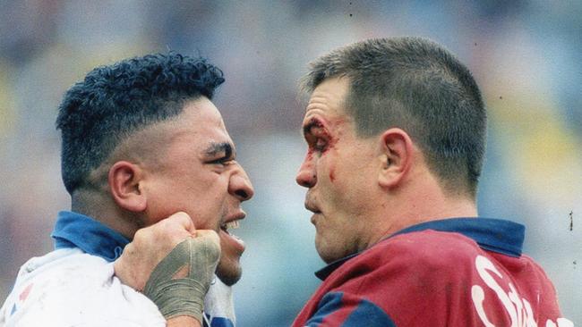 John Hopoate fronts up to Newcastle's Paul Harragon in his playing days