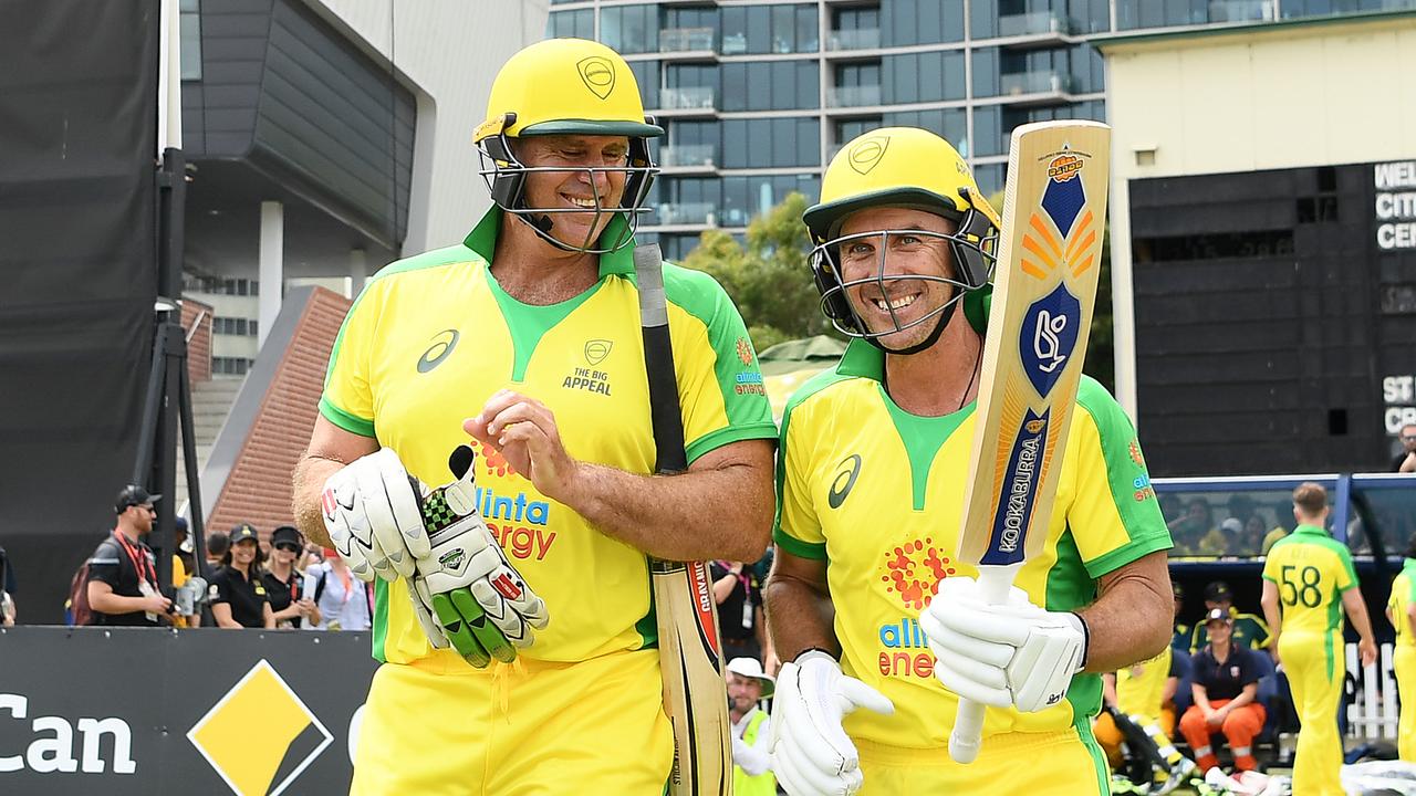 Matthew Hayden and Justin Langer winding back the clock during the Bushfire Cricket Bash T20 match in 2020. Picture: Quinn Rooney/Getty Images