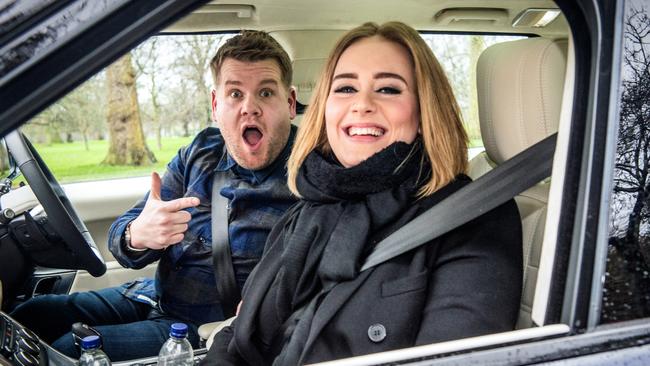 Corden with Adele in his popular Carpool Karaoke from <i>The Late Late Show</i>. Picture: Craig Sugden/CBS via Getty Images.