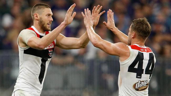 Tom Hickey and Maverick Weller celebrate a goal during the Saints’ comeback. Picture: Getty Images