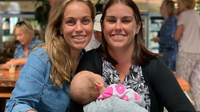 Stacey Esteves-Mills (L) and Kelly Littlewood pictured with Stacey's bub Maggie. Pic: Supplied