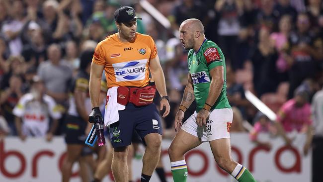 Josh Hodgson left the field in considerable pain with a hip injury in the Raiders’ loss to Penrith. Picture: Getty Images.