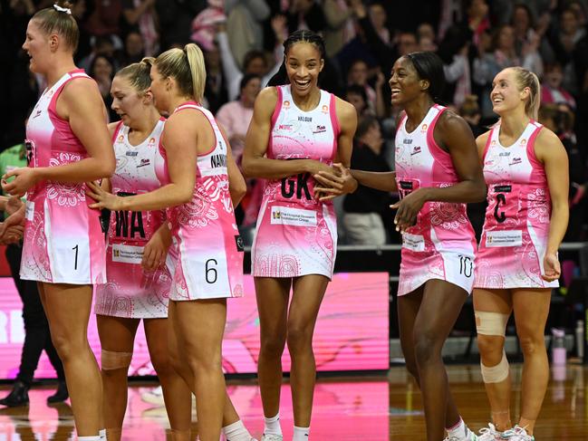 Despite a few nervy moments, the Thunderbirds had reason to celebrate. Picture: Sue McKay/Getty Images