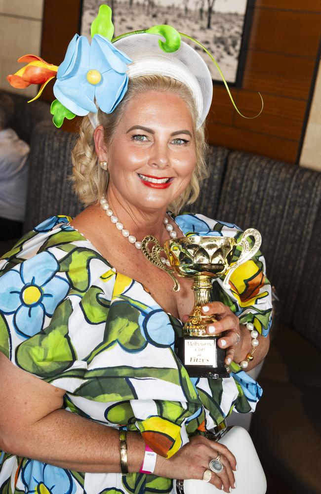 Natalie Plumbe won best headwear in the fashions on the field at Fitzy's Melbourne Cup Party, Tuesday, November 5, 2024. Picture: Kevin Farmer