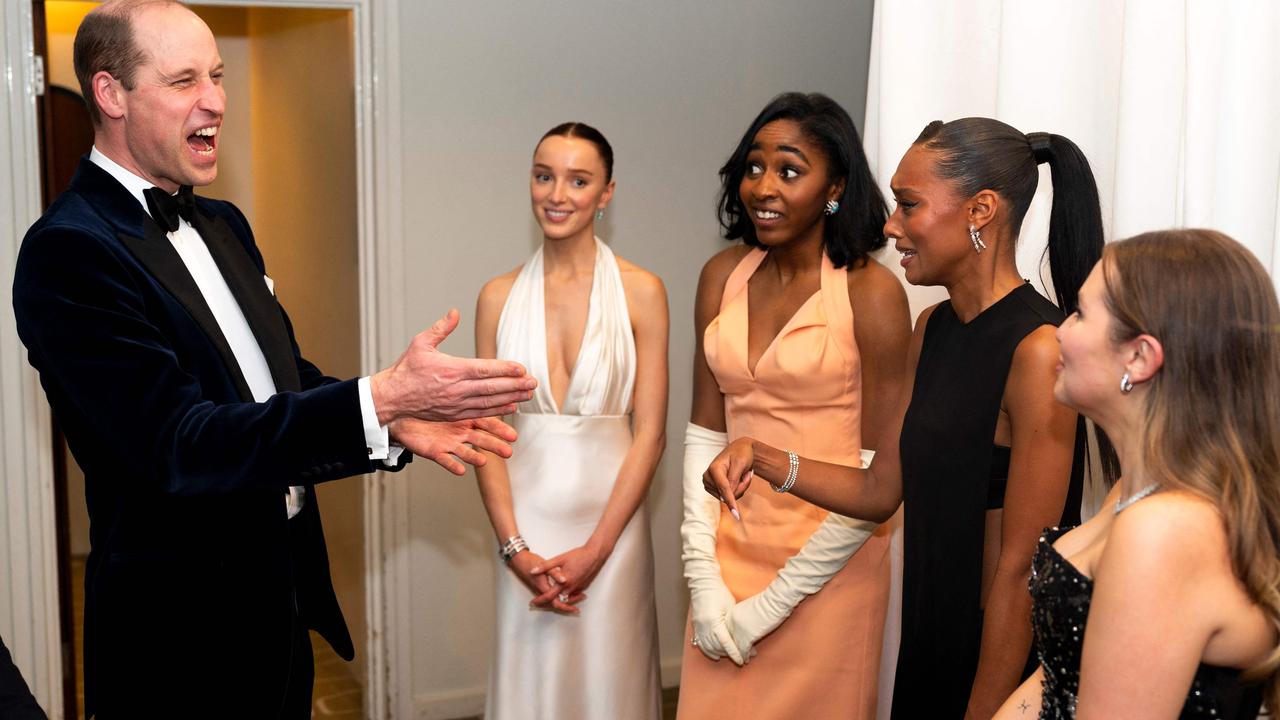 Prince William meets Phoebe Dynevor, Ayo Edebiri, Sophie Wilde and Mia McKenna Bruce after the BAFTAs. Picture: Jordan Pettitt / POOL / AFP