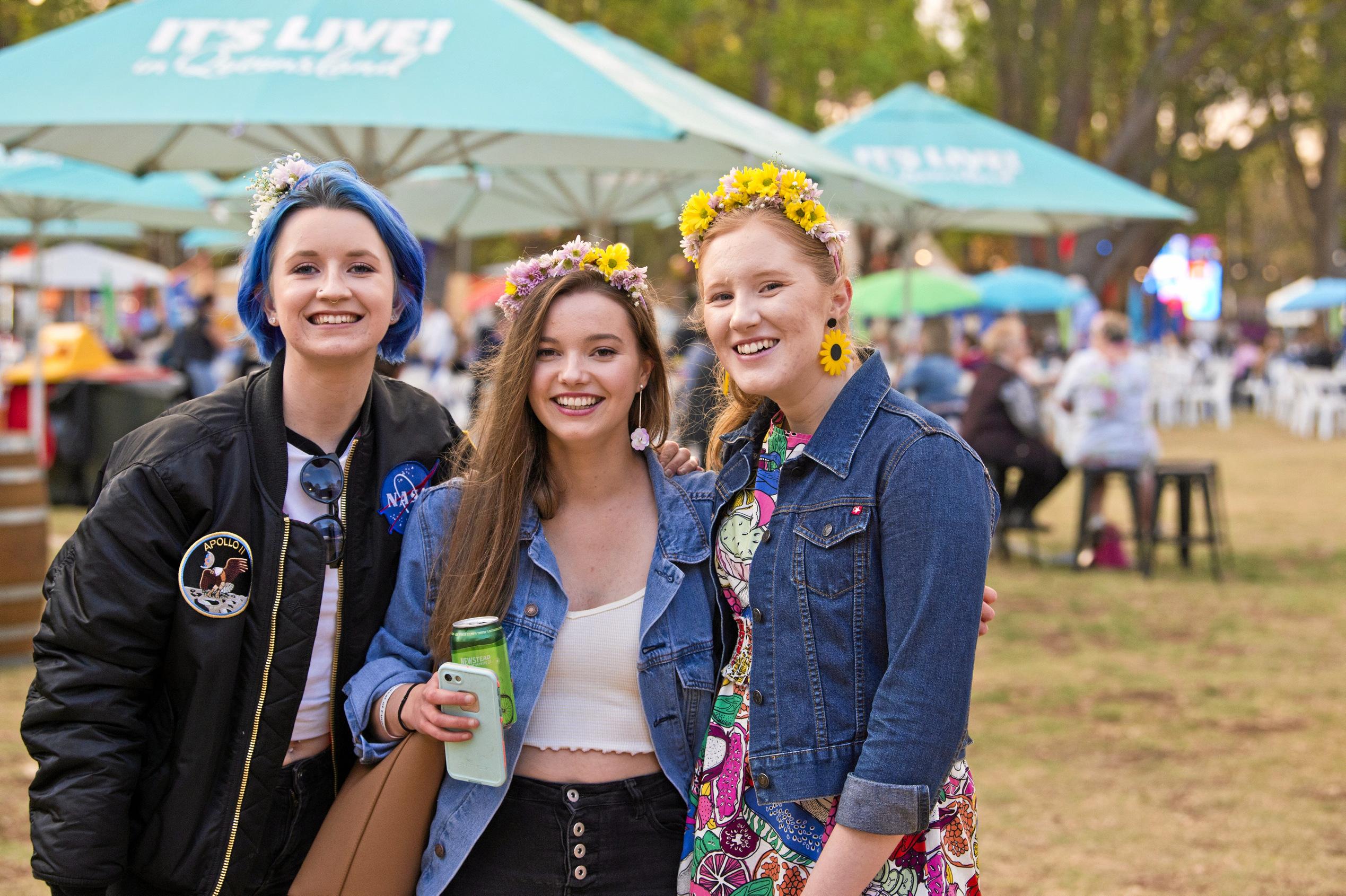 Showing their flower spirit are (from left) Emily Hennessy, Suannah Dudman and Kirraly Cooper at the Heritage Bank Festival of Food and Wine of the 2019 Toowoomba Carnival of Flowers, Friday, September 20, 2019. Picture: Kevin Farmer