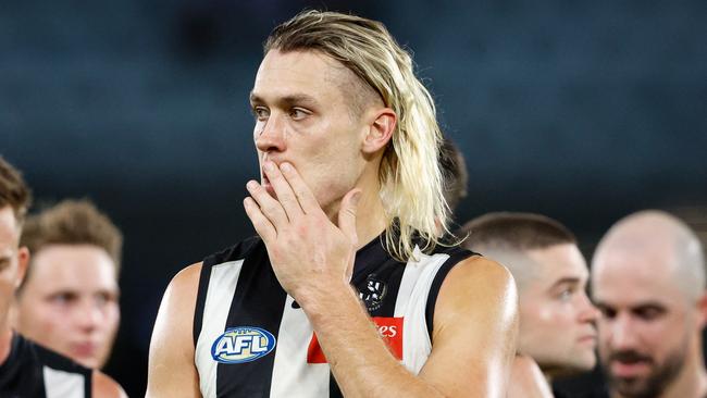 MELBOURNE, AUSTRALIA - MAY 31: Darcy Moore of the Magpies looks dejected after a loss during the 2024 AFL Round 12 match between the Collingwood Magpies and the Adelaide Crows at The Melbourne Cricket Ground on May 31, 2024 in Melbourne, Australia. (Photo by Dylan Burns/AFL Photos via Getty Images)