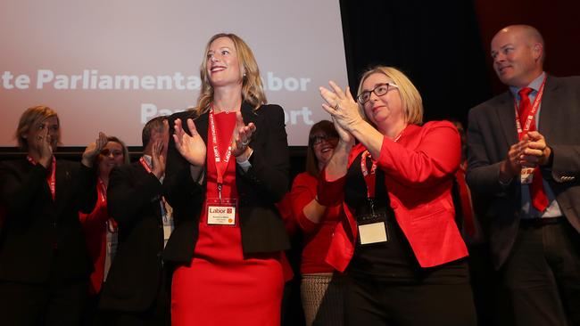 Labor leader Rebecca White with Deputy Leader Michelle O'Byrne at the state Labor conference at the Hobart Grand Chancellor today. Picture: NIKKI DAVIS-JONES