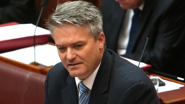 Senator Mathias Cormann in the Senate Chamber at Parliament House in Canberra.