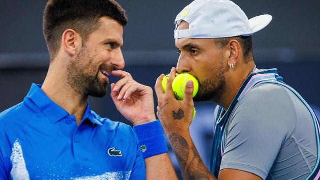 Nick Kyrgios played his first professional match in 18 months at the Brisbane International last week, where he also played doubles with Djokovic. Picture: Patrick Hamilton / AFP