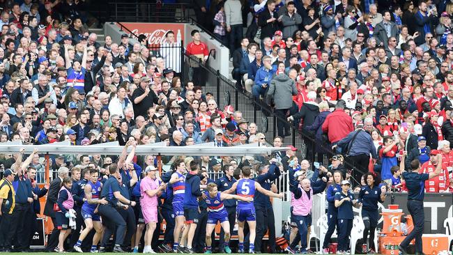 The Western Bulldogs bench erupts as the final siren sounds to signify their historic premiership win in the 2016 Grand Final. Picture: Nicole Garmston