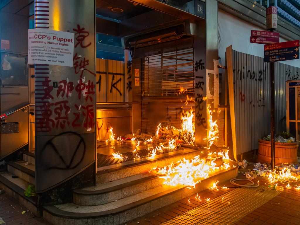 A demonstrator throw a molotov cocktail a pro-democracy march at Mongkok district on October 20, 2019 in Hong Kong, China. Picture: Billy Kwok/Getty Images