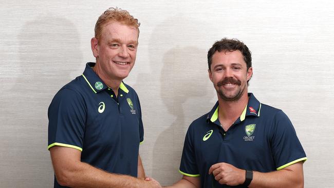 Australian coach Andrew McDonald awards Travis Head with the Allan Border Medal in Sri Lanka