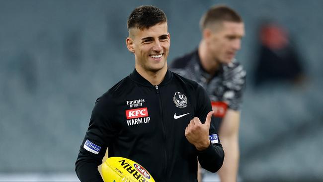 MELBOURNE, AUSTRALIA - JULY 05: Nick Daicos of the Magpies warms up during the 2024 AFL Round 17 match between the Collingwood Magpies and the Essendon Bombers at Melbourne Cricket Ground on July 05, 2024 in Melbourne, Australia. (Photo by Michael Willson/AFL Photos via Getty Images)