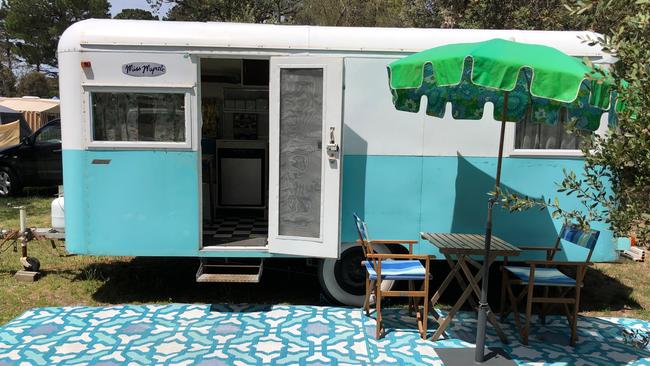 Scott and Jessie Curtis-Griffiths have two Airstreams imported from the US, with Miss Myrtle painstakingly returned to her vintage best. Picture: andrewnorthover.com.au