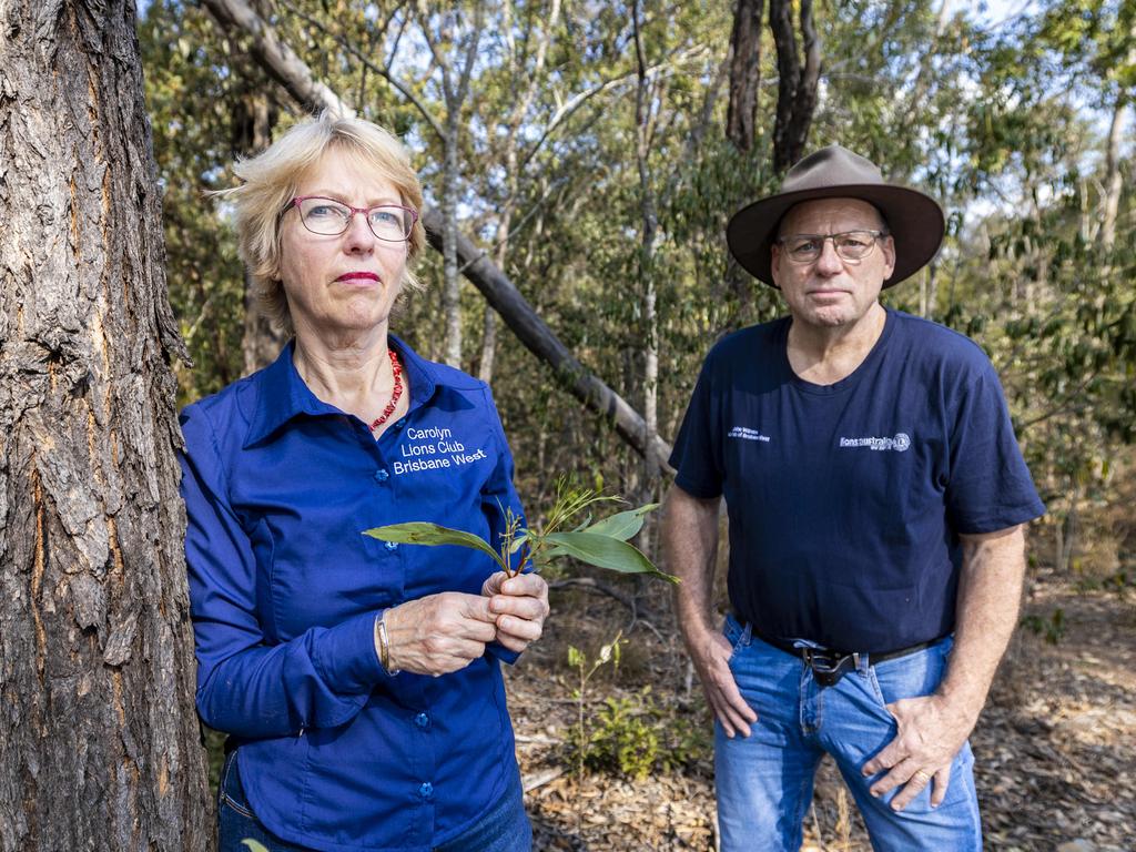 Carolyn Phillips and John Williams from the Lions Club Brisbane West are concerned at the lack of a fire brigade in the area and have called for the state government to fund a service.