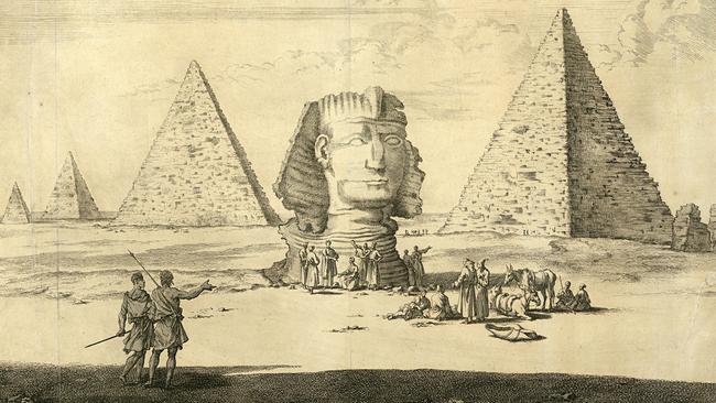 Sphinx and pyramids of Giza: engraving of a 1681 drawing by Cornelis de Bruyn.