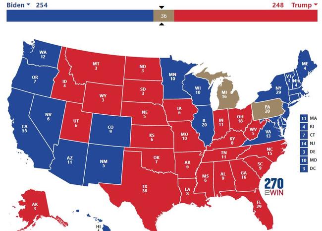 As a pure hypothetical, imagine the map looks like this after election night, with no result declared in a couple of decisive swing states. Picture: 270toWin