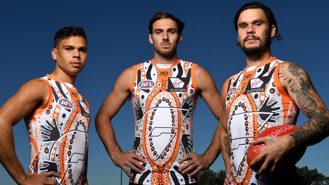 GWS Giants players Ian Hill, Jeremy Finlayson and Zac Williams.