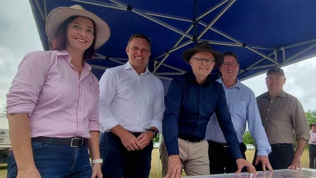 Keppel MP Brittany Lauga, Acting Premier Steven Miles, Prime Minister Anthony Albanese, Rockhampton MP Barry O'Rourke and Senator Murray Watt look over plans for the Rockhampton Ring Road. Photo: Kentos Komms