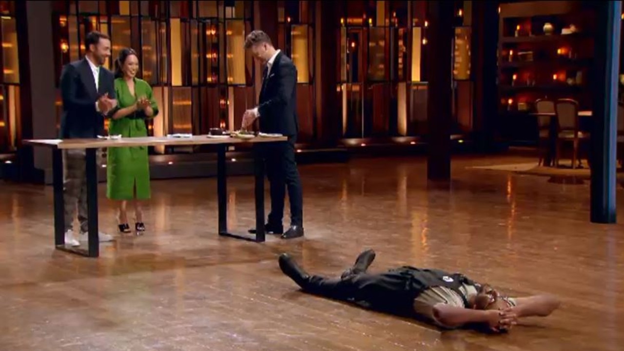 Justin fell to the ground after the dramatic moment. Picture: Channel 10