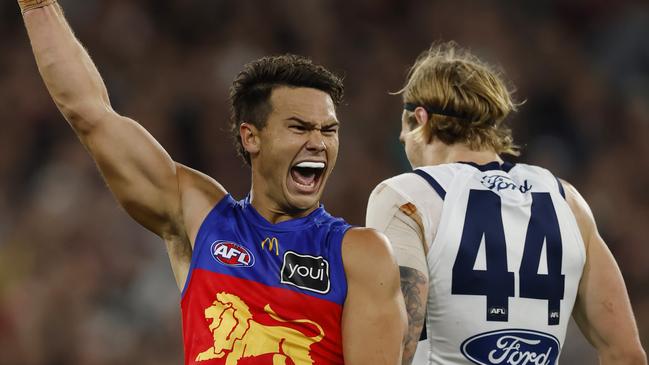 NCA. MELBOURNE, AUSTRALIA. September 21 , 2024. 2nd preliminary final between Geelong and the Brisbane Lions at the MCG.   Cam Rayner of the Lions celebrates a 3rd quarter goal   .  Pic:Michael Klein