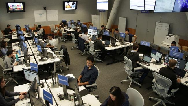 Facebook staff monitor postings at its headquarters in Menlo Park, California. Pic: AP