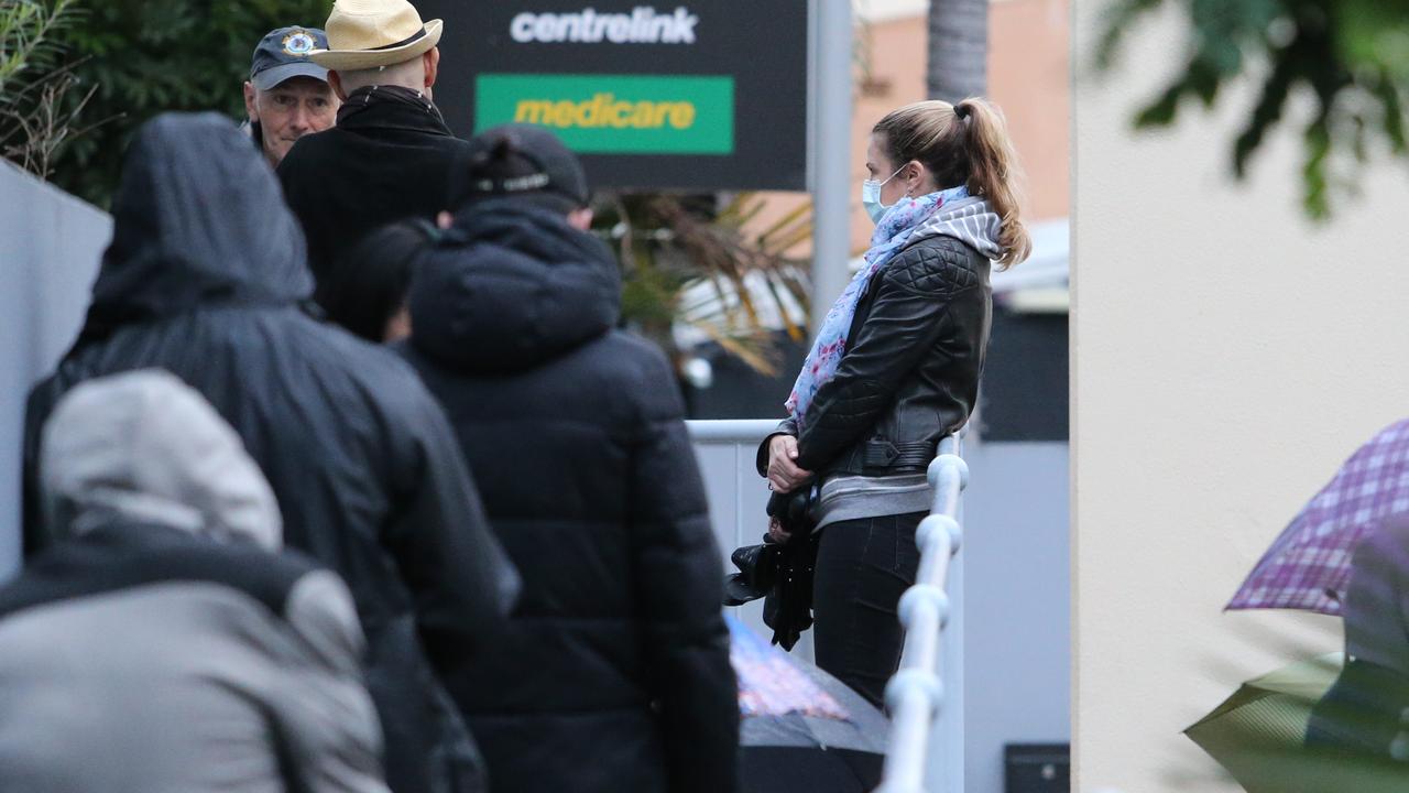 Australians line up to access JobSeeker payments as a result of rising unemployment caused by COVID-19. Picture: Rohan Kelly