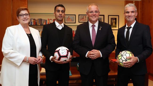 Foreign Affairs Minister Marise Payne and Prime Minister Scott Morrison meeting with Hakeem al-Araibi and former Socceroo captain Craig Foster. Picture: Gary Ramage