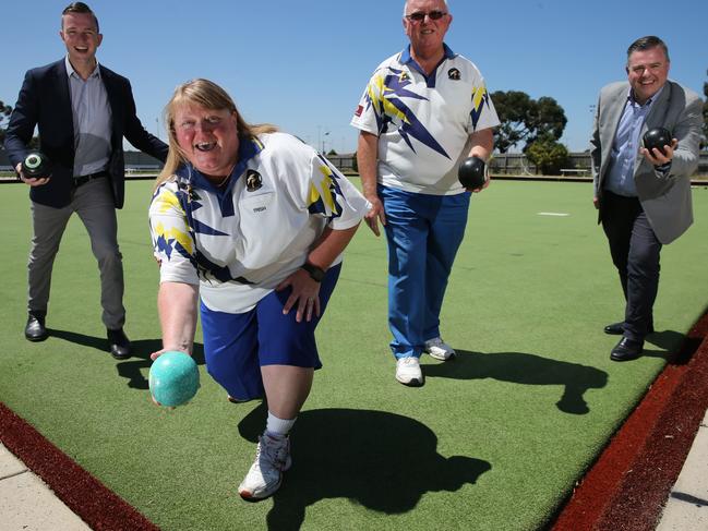 Cr Trent Sullivan, Norlane bowls members Trish Bedggood and Neil Watson and Cr Anthony Aitken. The City is allocating more than $3 million in funding to local clubs, groups and organisations across the region via the 2020-21 Community Infrastructure Grants program. One of the recipients is the Norlane Bowling Club, which has been awarded a $350,000 grant to install a synthetic bowling green. Picture: Peter Ristevski