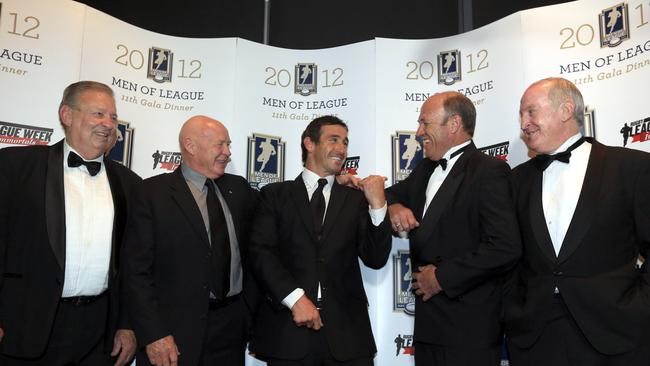 Andrew Johns (centre) after being named the eighth Immortal, pictured with fellow Immortals, Graeme Langlands, Bob Fulton, Wally Lewis and Johnny Raper.