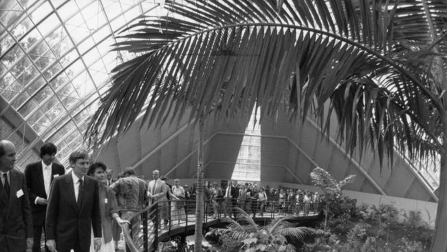 Official opening of the Adelaide Bicentennial Conservatory on November 18, 1989. Premier John Bannon and the official party inspect the new tropical glass house. Picture: Brian Webber.