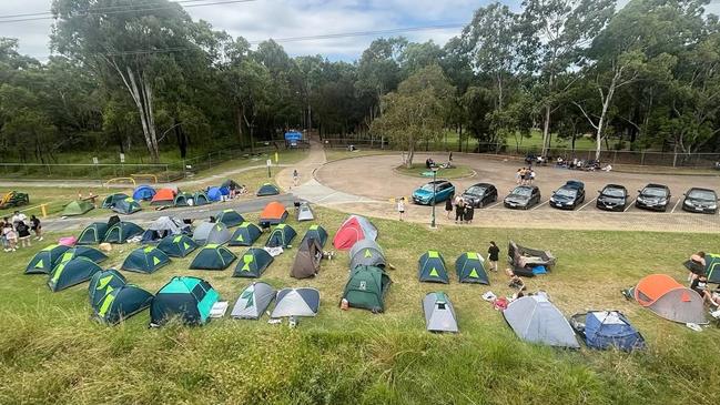 Tents at Brisbane Entertainment Centre ahead of Billie Eilish performance. Photo: Mikaela Mulveney.