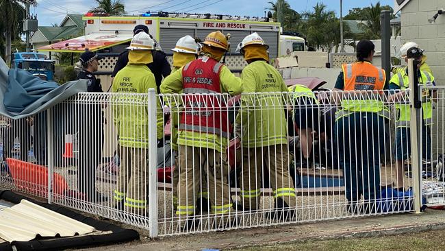 Emergency services were called to the Tropic Coast Motel along Nebo Rd in Mackay after a car crashed through a fence and landed in a plunge pool on November 13, 2021. Picture: Heidi Petith