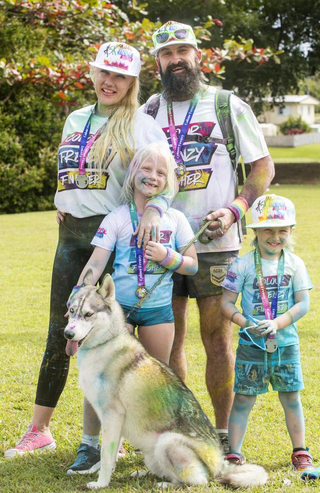 Hollie Boerboom, Alice Boerboom, Beau Boerboom and Carl Finlay with dog Cash from Eimeo at the Mackay Colour Run 2021. Picture: Michaela Harlow