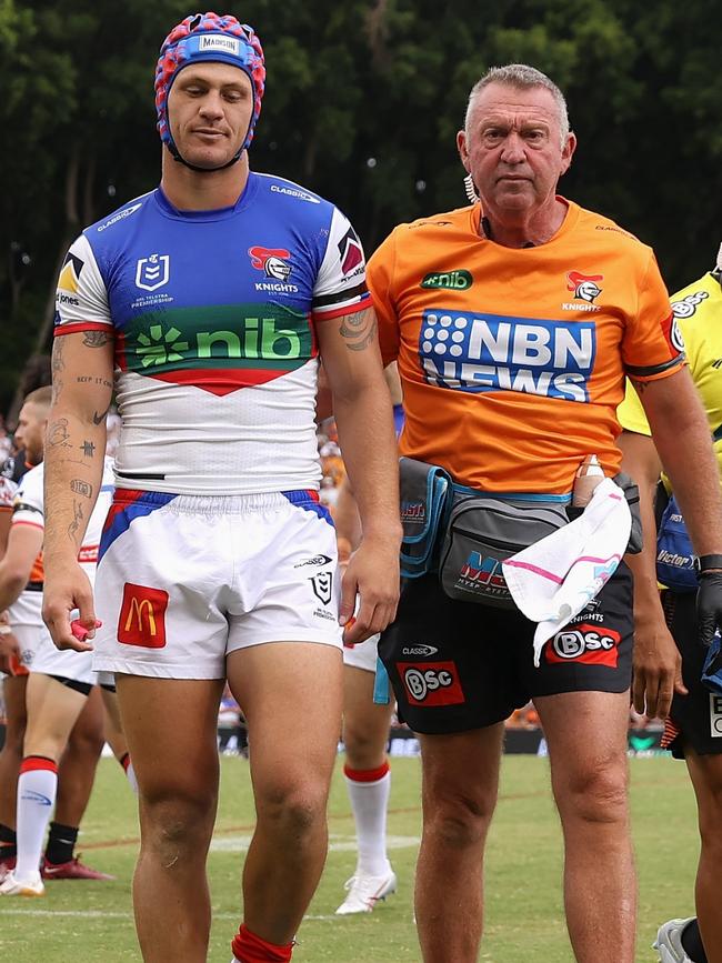 Kalyn Ponga leaves the field for an HIA. Picture: Cameron Spencer/Getty