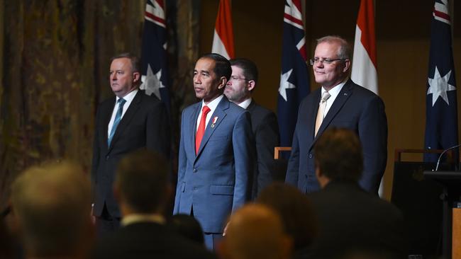 Anthony Albanese with Indonesian President Joko Widodo and former PM Scott Morrison during a visit to Canberra in 2020.