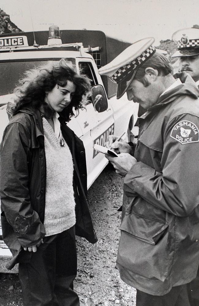 Franklin Dam Protest, January 1983. Elki Jopper of Sandy Bay is arrested by a police officer at the Kelly Basin Road. Picture: Fred Kohl