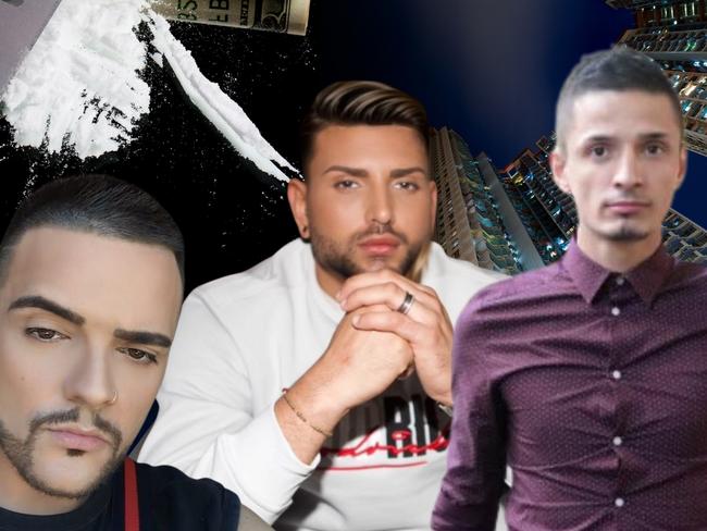 Artwork for Simon Simoudis (left), Alex Talpau (centre) and Angelo Gargasoulas (right) who are all charged with drug trafficking in Melbourne.