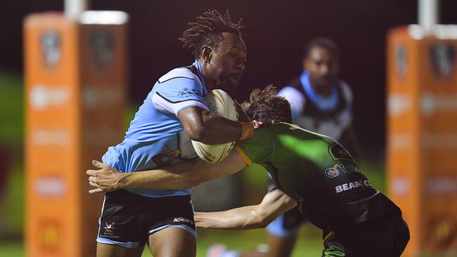 Northern Sharks fullback Cooper Segeyaro scored a try in the match against Palmerston Raiders in Round 1 of the 2023 NRL NT season. Picture: Pema Tamang Pakhrin