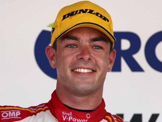 TOWNSVILLE, AUSTRALIA - SEPTEMBER 05: (EDITORS NOTE: A polarizing filter was used for this image.) Scott McLaughlin driver of the #17 Shell V-Power Racing Team Ford Mustang celebrates his win after race 22 during the Townsville SuperSprint round of the 2020 Supercars Championship on September 05, 2020 in Townsville, Australia. (Photo by Daniel Kalisz/Getty Images)