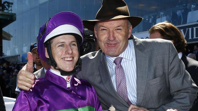 Caulfield Cup Day races at Caulfield Racecourse, Damian Lane onboard Sacred Eye wins with trainer David Hayes. . Melbourne. 17th October 2015. Picture: Colleen Petch. CaulfieldCup15