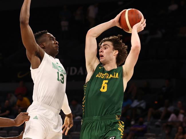 LAS VEGAS, NV - JULY 13: Josh Giddey #6 of the Australia Men's National Team passes the ball against the Nigeria Men's National Team on July 13, 2021 Michelob ULTRA Arena in Las Vegas, Nevada. NOTE TO USER: User expressly acknowledges and agrees that, by downloading and or using this Photograph, user is consenting to the terms and conditions of the Getty Images License Agreement. Mandatory Copyright Notice: Copyright 2021 NBAE (Photo by Stephen Gosling/NBAE via Getty Images)