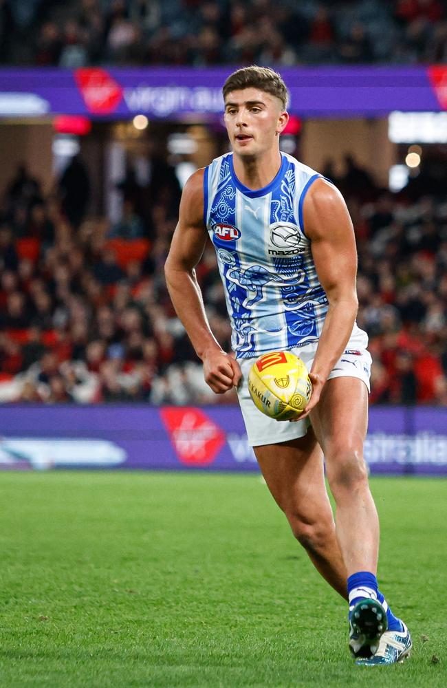 Harry Sheezel has had a slow start in the midfield today compared to his standards off half back. Picture: Dylan Burns/AFL Photos via Getty Images.