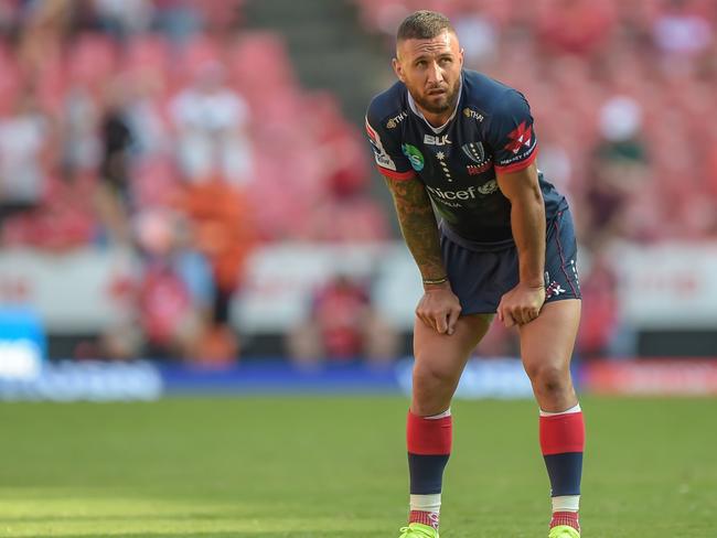 Melbourne Rebels's Quade Cooper reacts during the Super Rugby match between Emirates Lions and Melbourne Rebels at Emirates Airline Park in Johannesburg, South Africa, on March 16, 2019. (Photo by Christiaan Kotze / AFP)