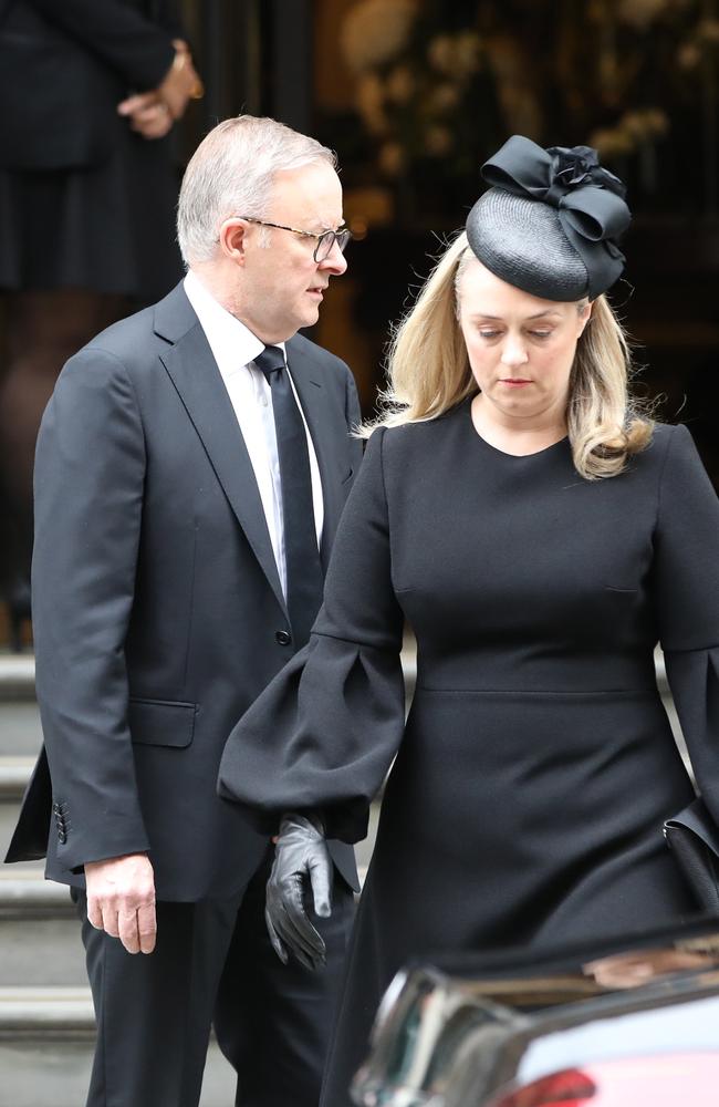 Australian PM Anthony Albanese and partner Jodie Haydon leave their hotel for the Queen's funeral. Picture: Ella Pellegrini